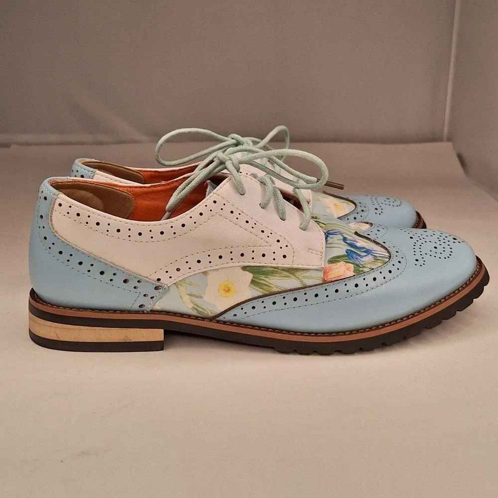 Floral Wingtip Oxford Shoes Pastel Blue White Leather Brogue Lace Up Size 36